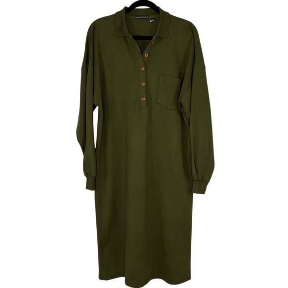 Midi Shirt Dress Collared Shift Double Knit Long Sleeve Olive Green Size L - Picture 1 of 5